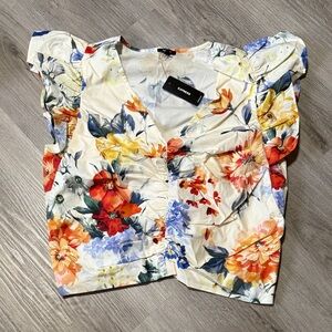 Express Floral V-Neck Puff Sleeve Crop Top - Multi (White Base)